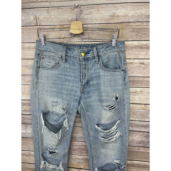 American Eagle Womens 0 Tomgirl Jeans Destroyed Boho Button Fly Denim Holes - Picture 2 of 11